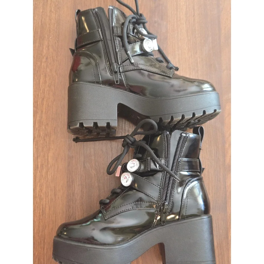 GB Girls Gianni Bini Black Patent Rhinestone Platform Combat Boots Size 12M